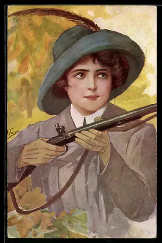 Künstler-AK Jägerin mit Gewehr in den Händen