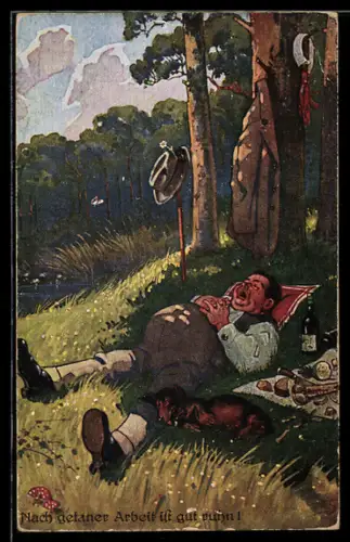 Künstler-AK Jäger und sein Dackel schlafen im Schatten