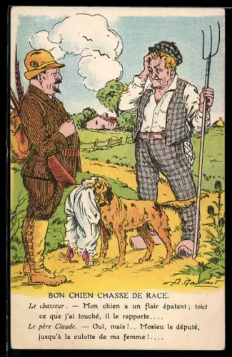 Künstler-AK Jagdhund mit der Unterhose einer Frau in der Schnauze