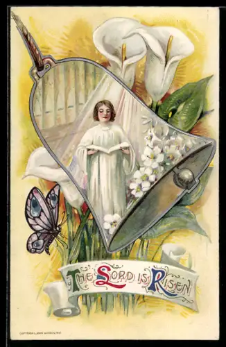 Präge-AK Engel in einer Glocke zu Ostern, Schmetterling