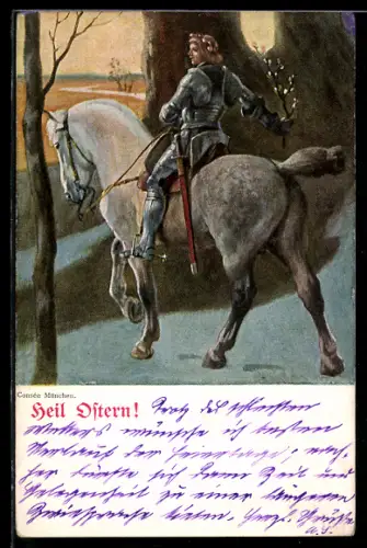 AK Soldat in Rüstung reitet mit Weidenkätzchen durch den Wald