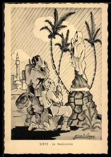 Künstler-AK Soldaten kniehen vor einer Madonna