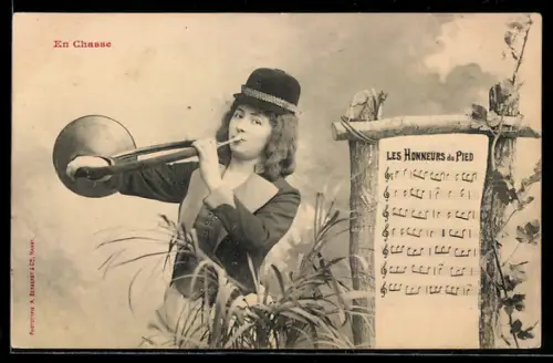 AK Jägerin mit Horn und Musiknoten