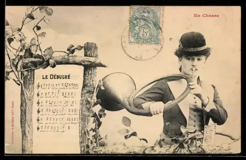 AK Jägerin in Uniform mit Horn, Musiknoten Le Debuche