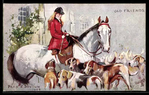 Künstler-AK Jägerin zu Pferd mit Jagdhunden