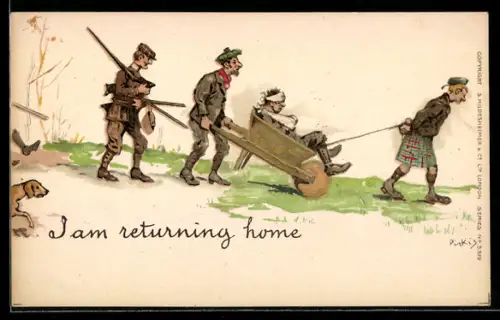 Künstler-AK Verletzer Jäger wird von seinen Kameraden nach Hause gebracht