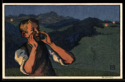 Künstler-AK Schweizer Bundesfeier 1926, Junge ruft ins Tal