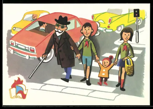 AK Kinder laufen mit einem blinden Mann über einen Zebrastreifen