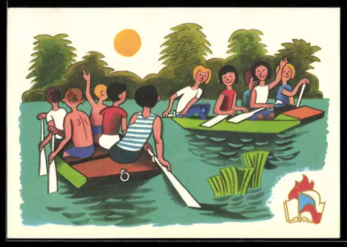 AK Kinder in Ruderbooten auf einem Teich