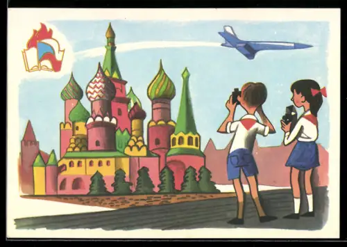 AK Zwei Kinder mit Fotoapparaten, Flugzeug