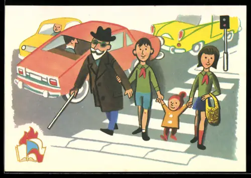 AK Drei Kinder helfen einem blinden Mann über die Strasse