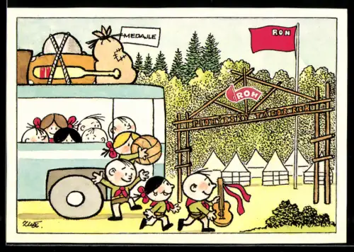 Künstler-AK Kinder steigen zusammen aus einem Bus