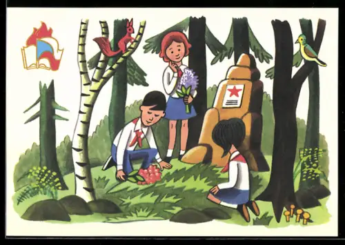 AK Drei Kinder legen Blumen an einem Denkmal ab