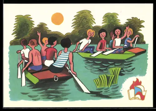 AK Gruppen Kinder in Ruderbooten auf einem See