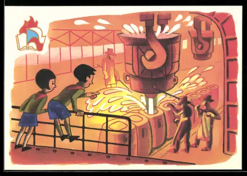 AK Zwei Kinder beobachten Fabrikarbeiter bei der Arbeit