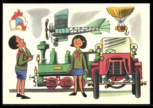 AK Zwei Kinder mit Automobil, Lokomotive, Ballon und Flugzeug
