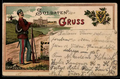 Lithographie Österreichischer Infanterist mit Gewehr und Bajonett, im Hintergrund Kaserne