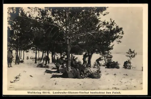 Foto-AK Landwehr-Ulanen-Vorhut in verschneiter Landschaft beobachtet den Feind