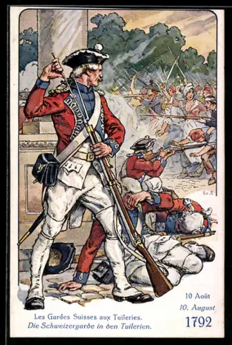 Künstler-AK sign. Ed. Elzingre: Les Gardes Suisses aux Tuileries 10 Aout 1792, Schweizergarde