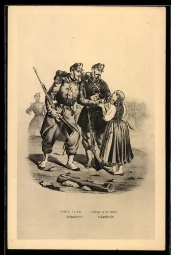 AK Schweizer Soldaten in Uniform treffen auf ein junges Mädchen mit Getränken