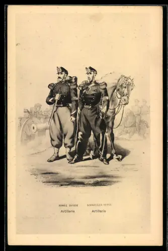 AK Schweizer Soldaten in Uniform mit einem Pferd und einem Artilleriegeschütz