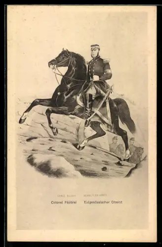 AK Schweizer Soldat in Uniform und mit Säbel auf einem Pferd, Eidgenössischer Oberst