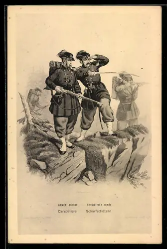 AK Schweizer Scharfschützen in Uniform und mit Gewehren auf einer erhöhten Position