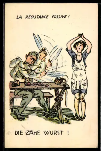 AK Wütender schweizer Soldat in Uniform kämpft mit einer Wurst