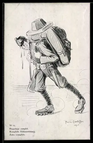 Künstler-AK sign. Pierre Chatillon: Schweizer Soldat in Uniform mit schwerem Marschgepäck