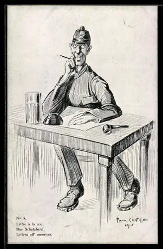 Künstler-AK sign. Pierre Chatillon: Schweizer Soldat in Uniform verfasst einen Brief