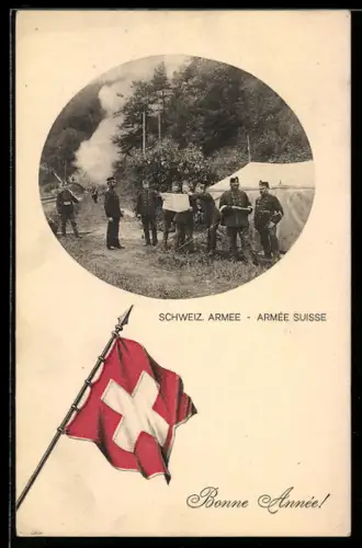AK Schweizer Soldaten in Uniform in einem Lager, Flagge im Passepartout