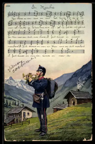 AK Schweizer Soldat in Uniform stösst in seine Trompete, Text eines Marschlieds