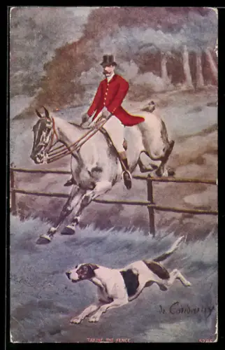 AK Jäger mit Pferd beim Sprung über Geländer mit Jagdhund, Jagd