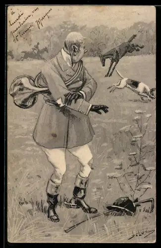 Künstler-AK Jäger ist vom scheunden Pferd gefallen
