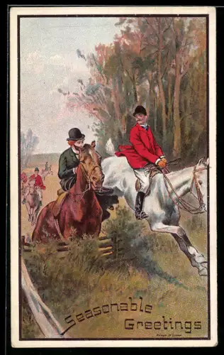 AK Britische Jäger zu Pferde setzen über ein Hindernis, Jagd