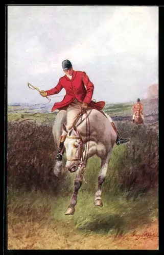 AK Britischer Jäger zu Pferde nach Überspringen von Hecke, Jagd