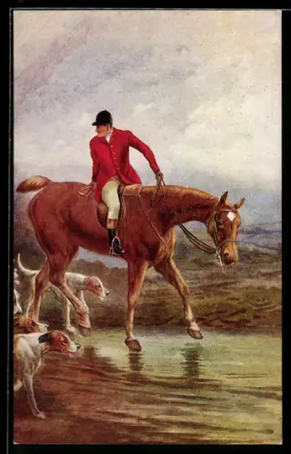 AK Britischer Jäger zu Pferde mit Jagdhunden, Jagd