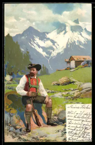 Künstler-AK Bayrischer Jäger am Wege sitzend