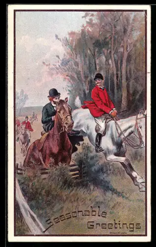 AK Britische Jäger zu Pferden setzen über ein Hindernis, Jagd
