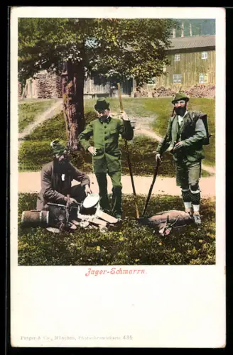 AK Jäger-Schmarrn, Jäger kochen an einer Feuerstelle