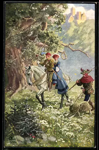 Künstler-AK Ausritt zur Jagd, Jagd-Hund mit Hunde-Panzer