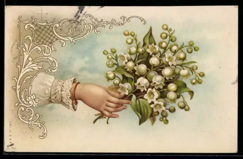AK Frauenhand mit Maiglöckchen-Strauss, Jugendstil