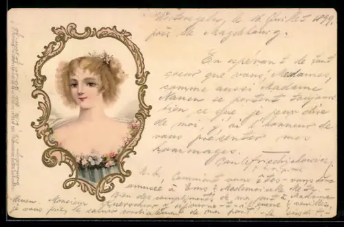 Lithographie Frauenportrait mit Blumen, Ornament-Rahmen, Jugendstil