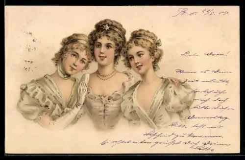 Künstler-AK Drei hübsche Damen mit Haarband in der Mode des Jugendstils