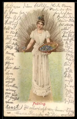 Lithographie Frühling, Fräulein mit Blumenkorb im Jugendstil