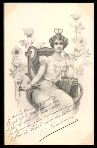 AK Hübsche Prinzessin sitzt in einem Sessel und hält eine Rose in der Hand, Jugendstil