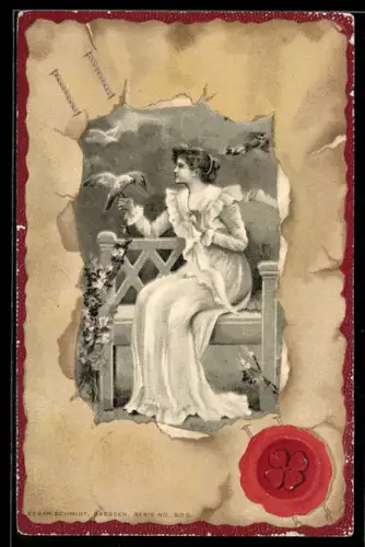 Lithographie Junge Dame mit Taube auf einer Bank, Rahmen als Briefumschlag, Glücksklee-Siegel, Jugendstil