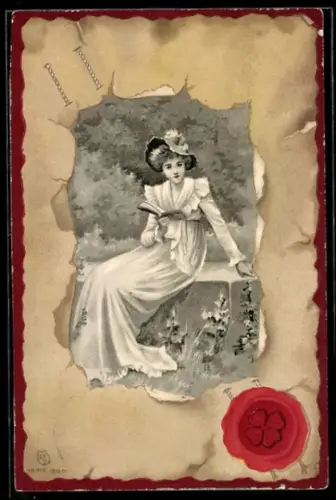 Lithographie Junge Dame mit Lektüre im Grünen, Rahmen als Briefumschlag, Glücksklee-Siegel, Jugendstil