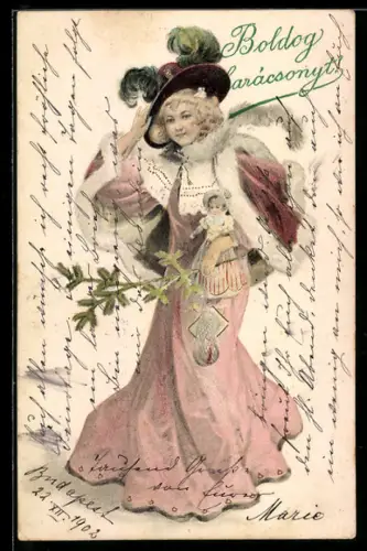 Lithographie Junge Dame mit Puppe und Tannenzweig, Jugendstil