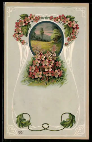 Präge-AK Landschafts-Idylle, Ornament-Rahmen, Blumen, Jugendstil